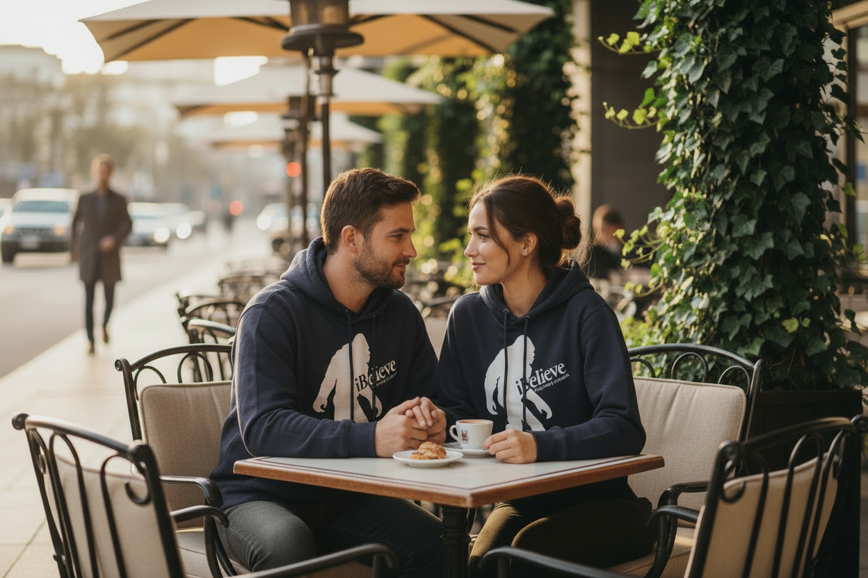 Couple at Cafe in iBelieve Hoodies